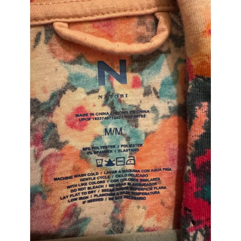 Natori Floral Robe Womens Medium Multicolor 3/4 Sleeve Knit Loungewear No Belt